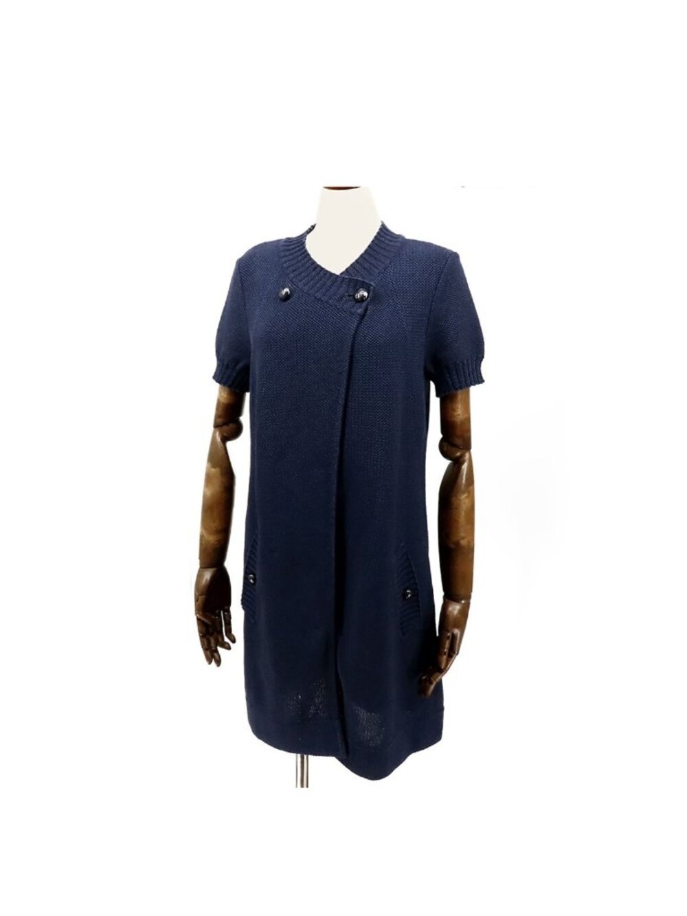 Chanel Long Knit Cardigan Navy Cotton Short Sleeve Top 36